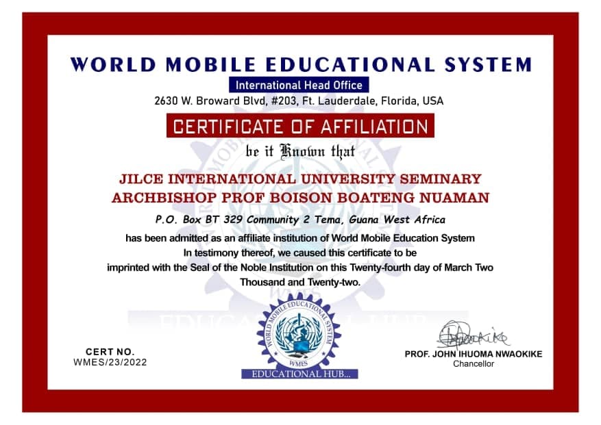 JILCE International University Seminary — Archbishop Prof. Boison Boateng Nuaman